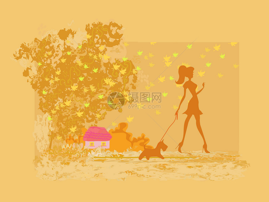 女孩与她的狗一起在秋天的风景中行走图片