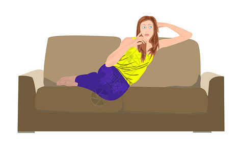 在沙发上的女孩女人在沙发上休息头发棕色折叠白色外套眼睛女孩女性黑发女士设计图片