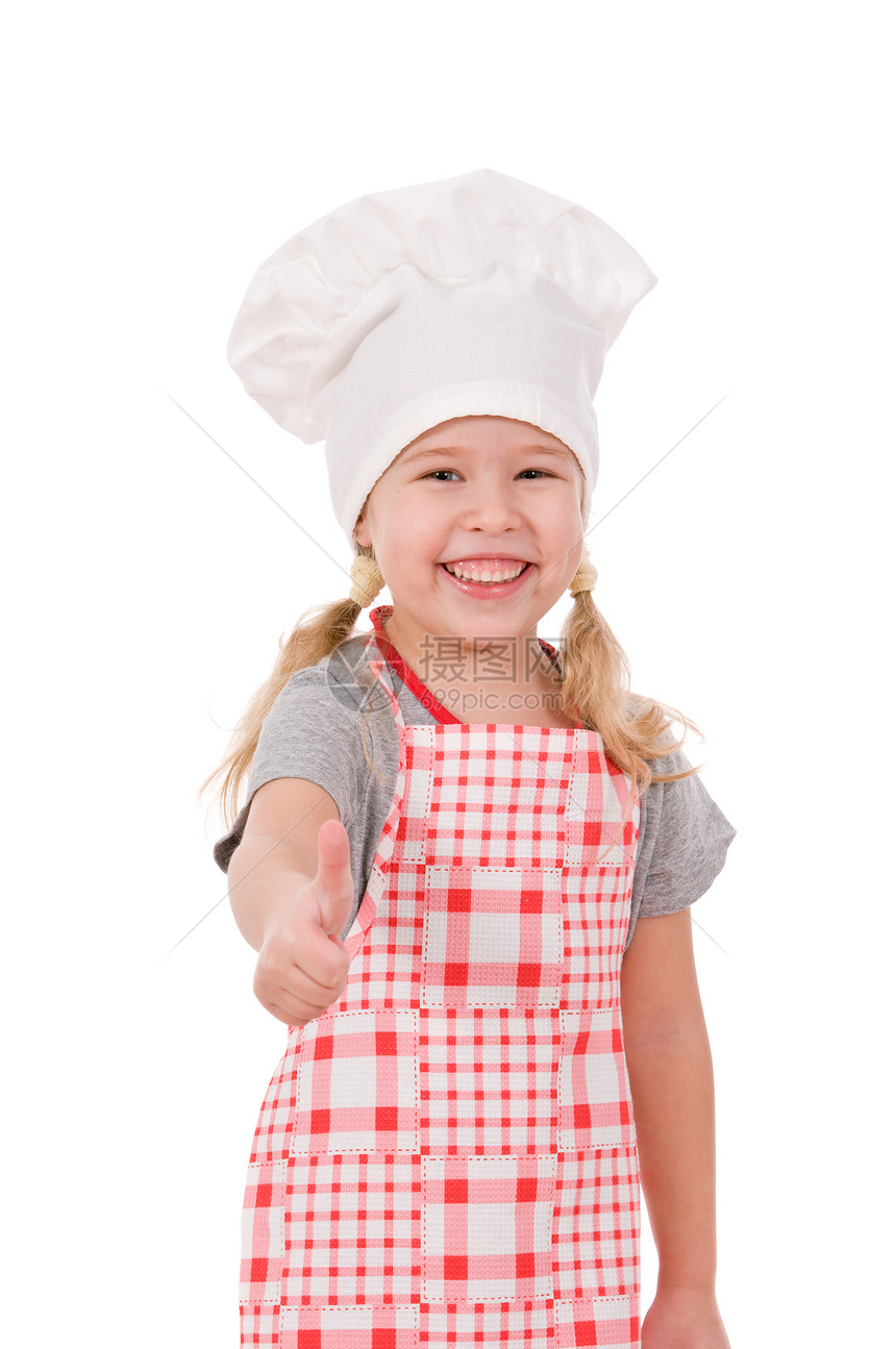 戴厨帽的女孩孩子戏服快乐微笑童年情感长发厨房乐趣金发图片
