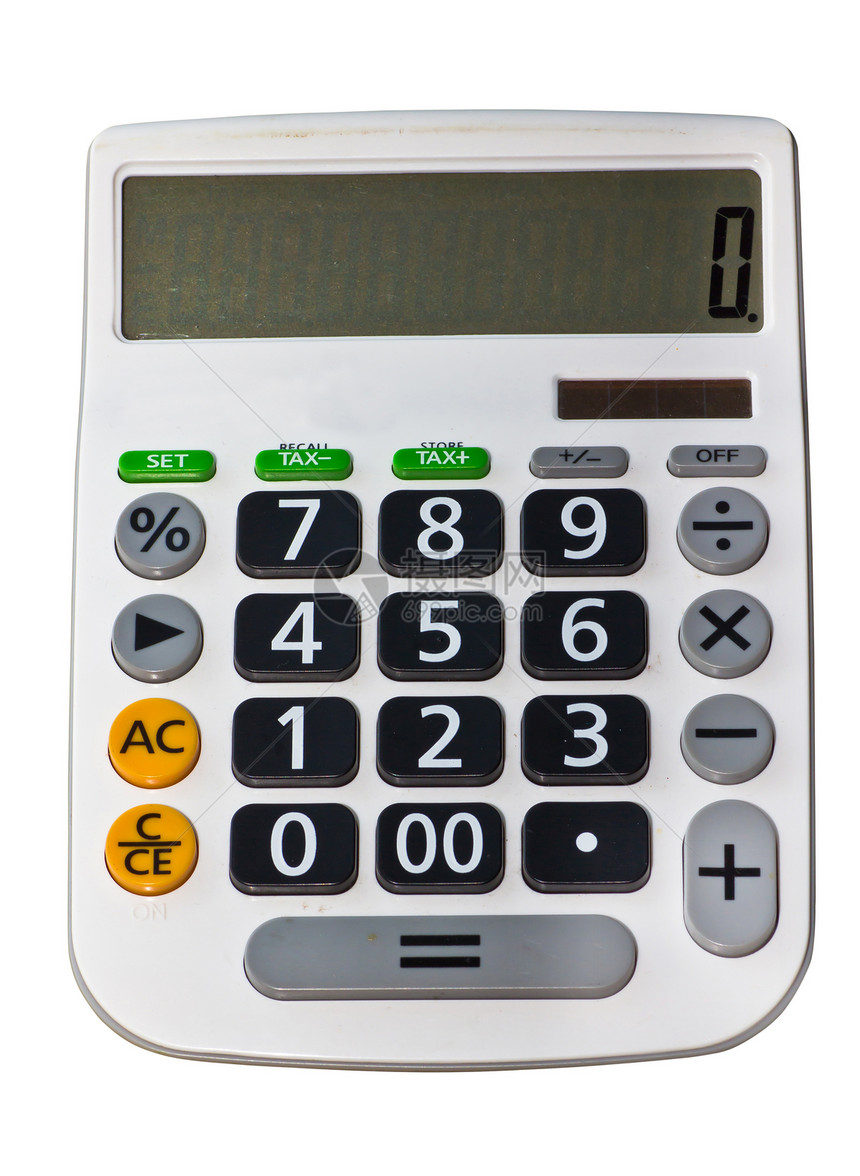 在白色背景上孤立的计算器办公室工作塑料屏幕经济商业工具会计金融平衡图片