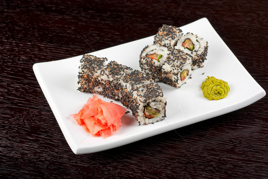 芝麻寿司大豆用餐情调美味海藻宏观食物餐厅重量鱼片图片