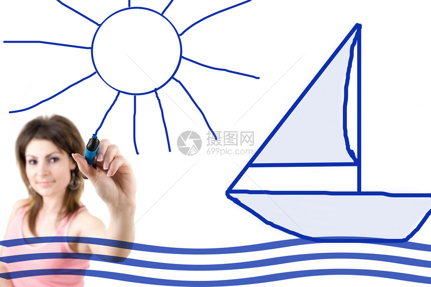 业务计划游艇旅行太阳女性女士绘画帆船女孩图片