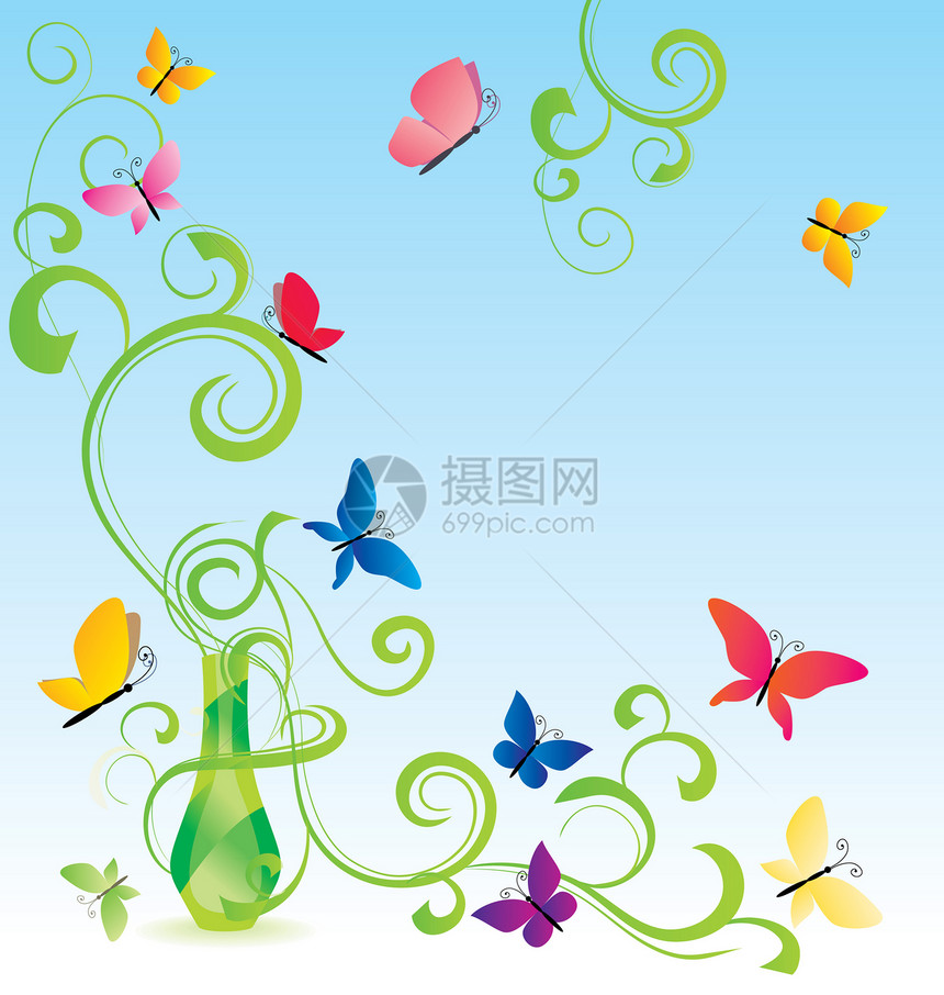 绿色春香瓶 盛装鲜花和蝴蝶图片