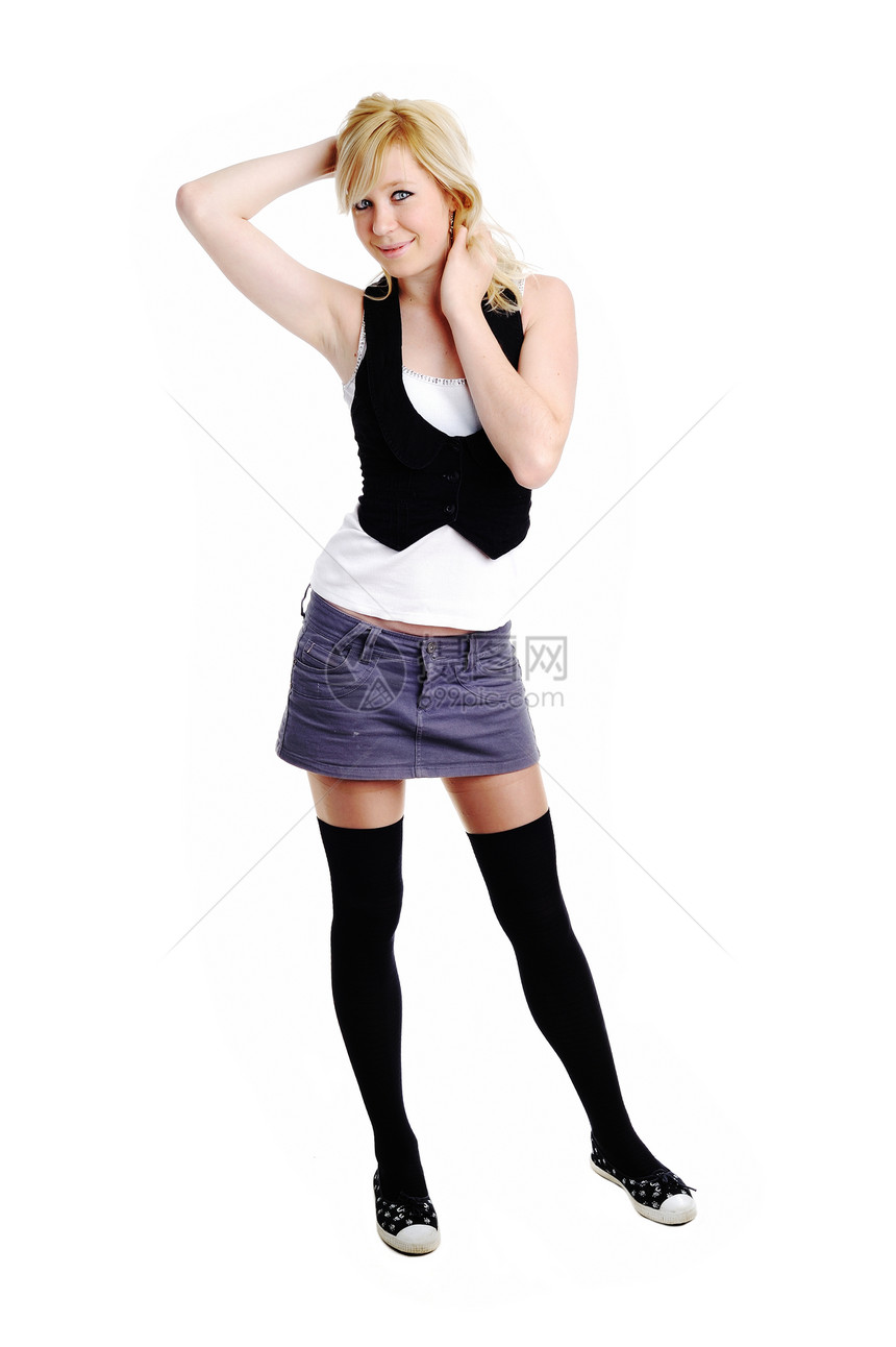 快乐的女孩成人头发工作室衣服青少年白色女士黑色金发女性图片