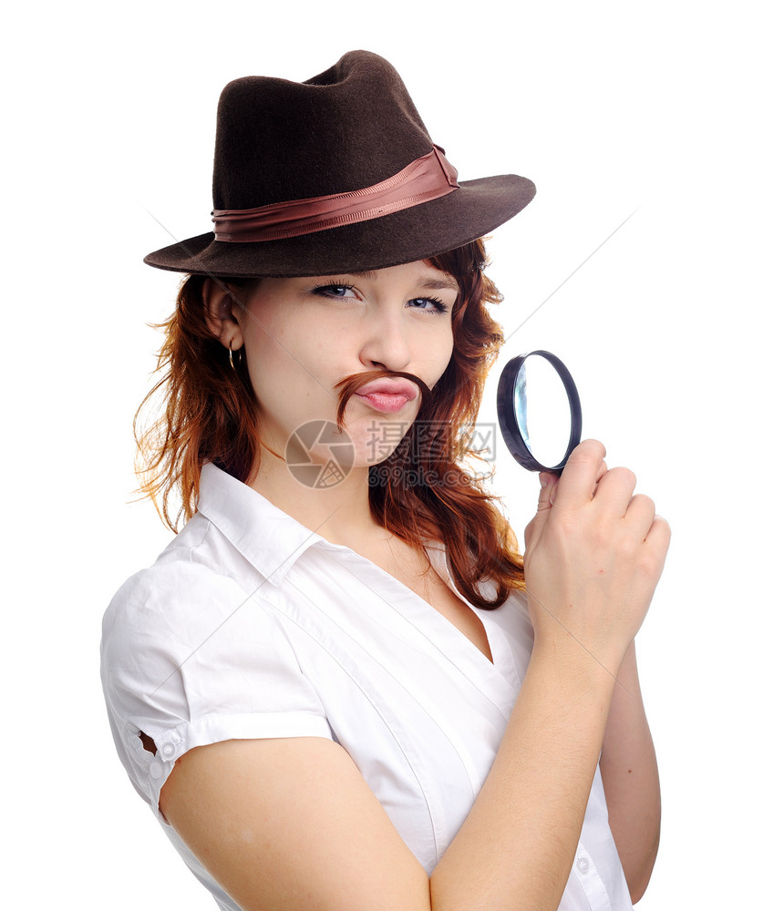 配放大镜的女人成人玻璃头发监视实验侦探好奇心白色商业幽默图片