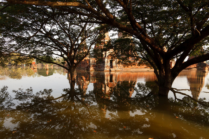 Ayutthaya的寺庙被洪水淹没地标佛塔建筑学旅游文化植物宝塔宗教旅行蓝色图片