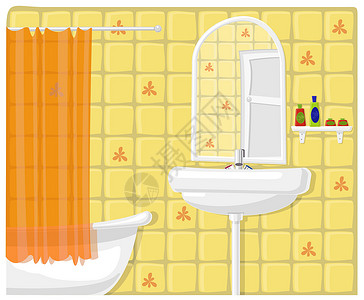 淋浴门浴室矢量插图房子浴缸水平绿色反射窗帘淋浴白色房间入口插画