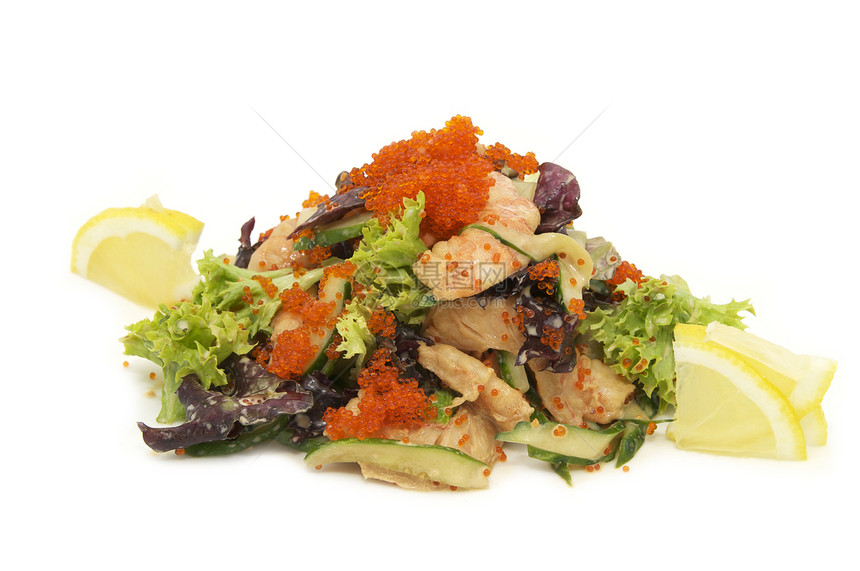 配有鱼子酱和虾的沙拉沙拉菜单美味场地盘子美食家餐厅红色宏观小吃沙拉图片