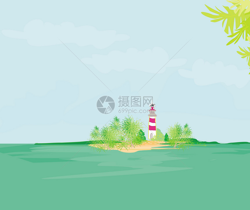 从一个小海滩上看见的灯塔房子导航旅行石头天空假期插图卡片蓝色海岸图片