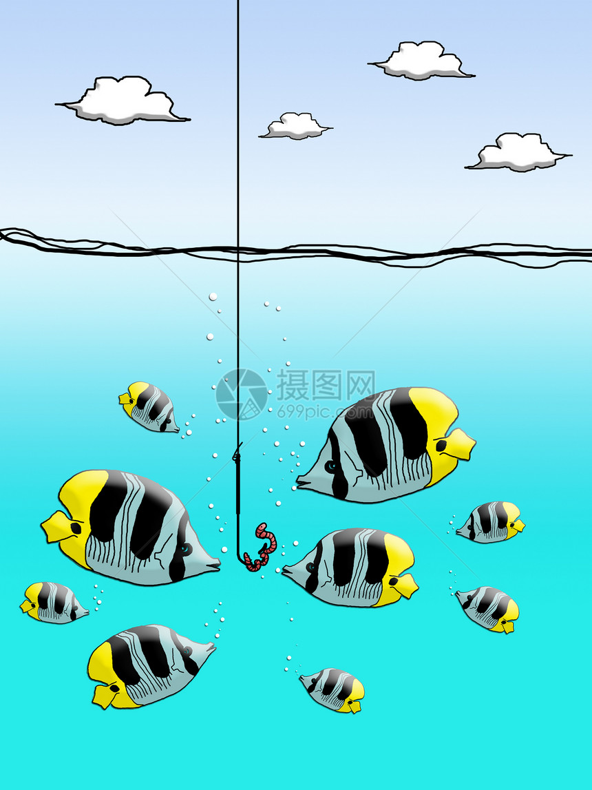 钓鱼钩上的虫虫绘画海洋危险天空插图海浪海洋生物草图生活卡通片图片