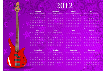 红色吉他2012年矢量欧洲日历 配有贝斯吉他设计图片
