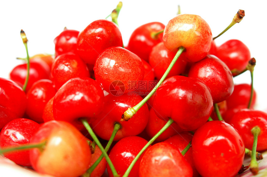 樱桃水果团体营养浆果食物红色绿色甜点叶子茶点白色图片