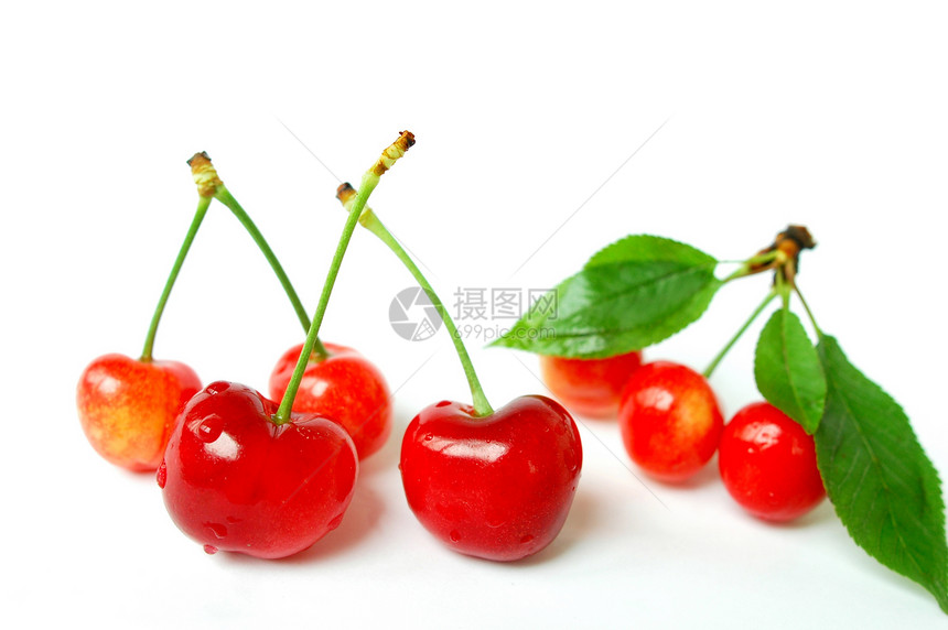 樱桃水果红色树叶茶点营养食物甜点白色浆果绿色叶子图片