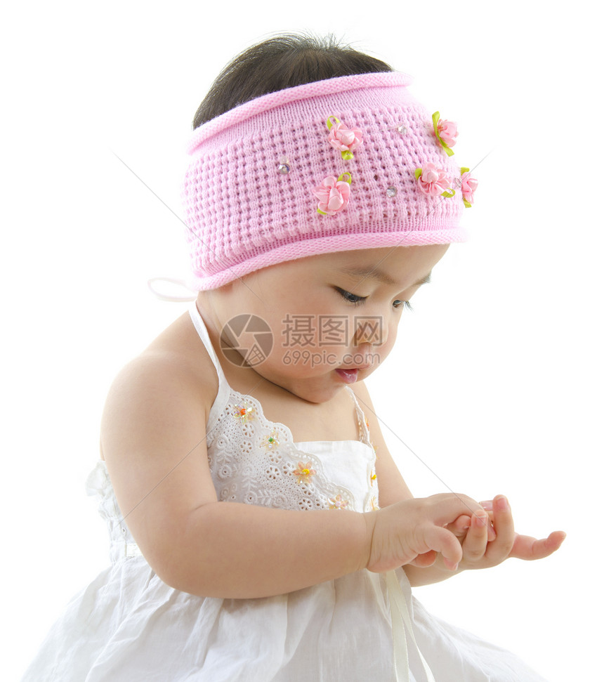 亚洲女婴青年女孩几个月好奇心裙子育儿白色童年婴儿平底锅图片