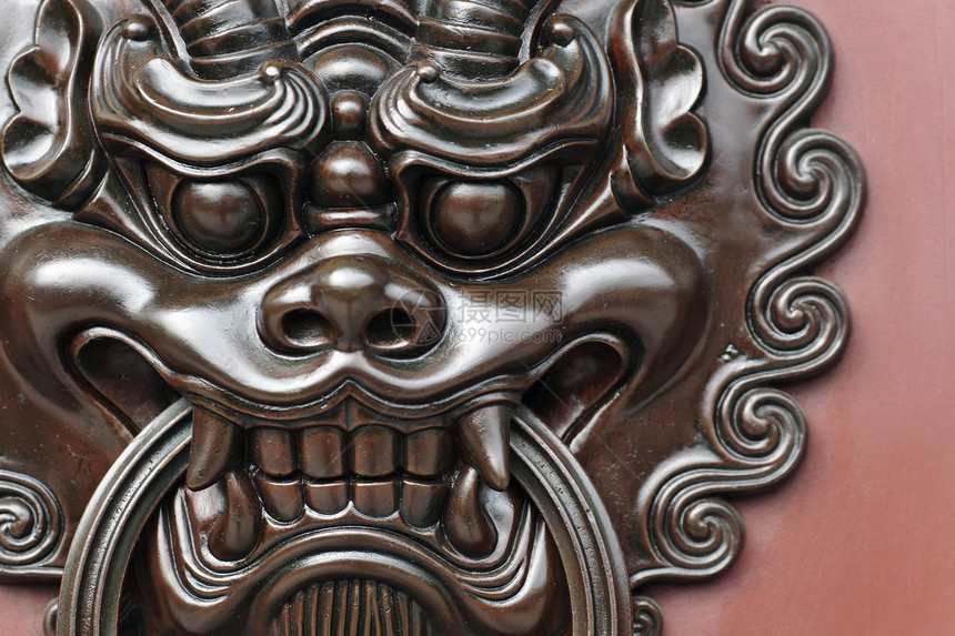 狮子门锁装饰品寺庙精神房子金子木头青铜圆圈文化平衡图片