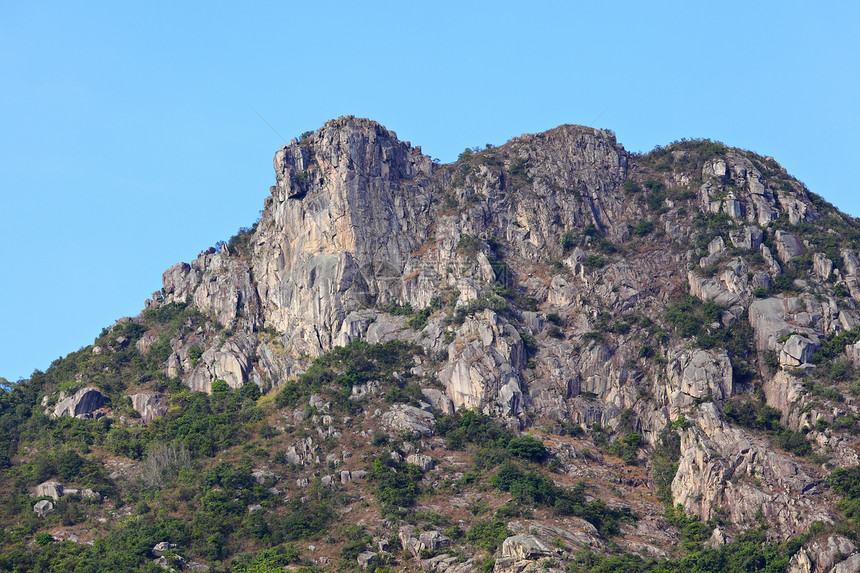 香港的狮子石晴天市中心蓝色天空绿色地标城市狮子岩石爬坡图片