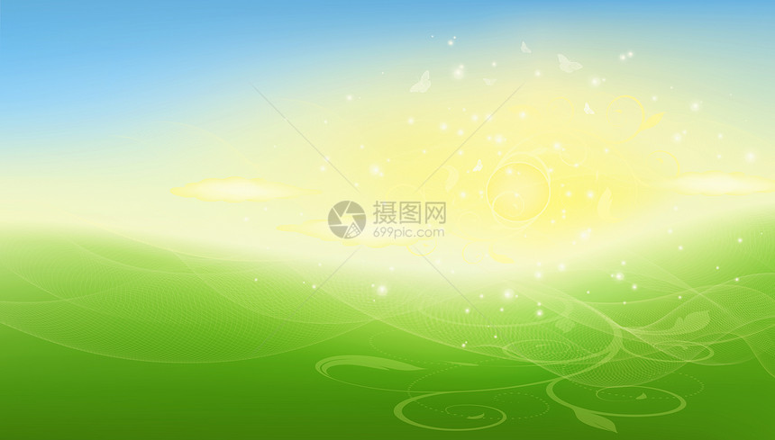 夏季光栅背景绿色蓝色蝴蝶天空插图植物黄色阳光季节场地图片