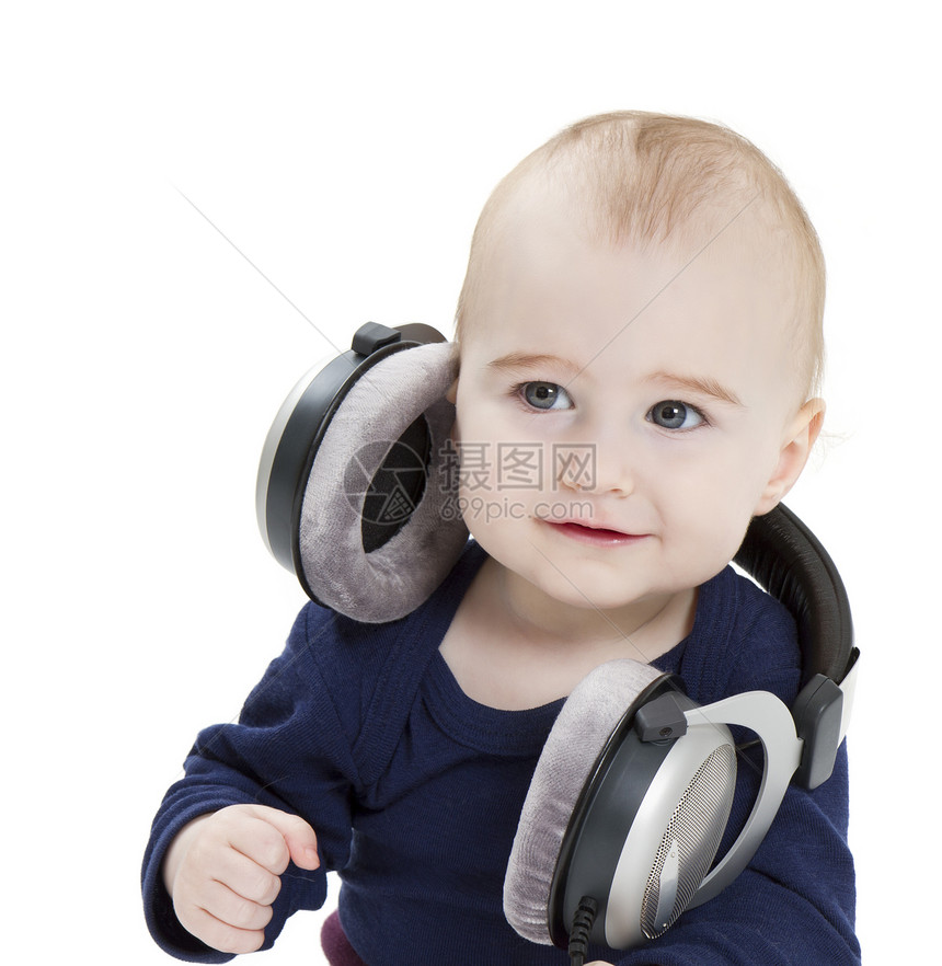 听音乐的有耳机的幼儿青春期立体声孩子儿童孩子们婴儿蓝色唱歌白色音乐图片