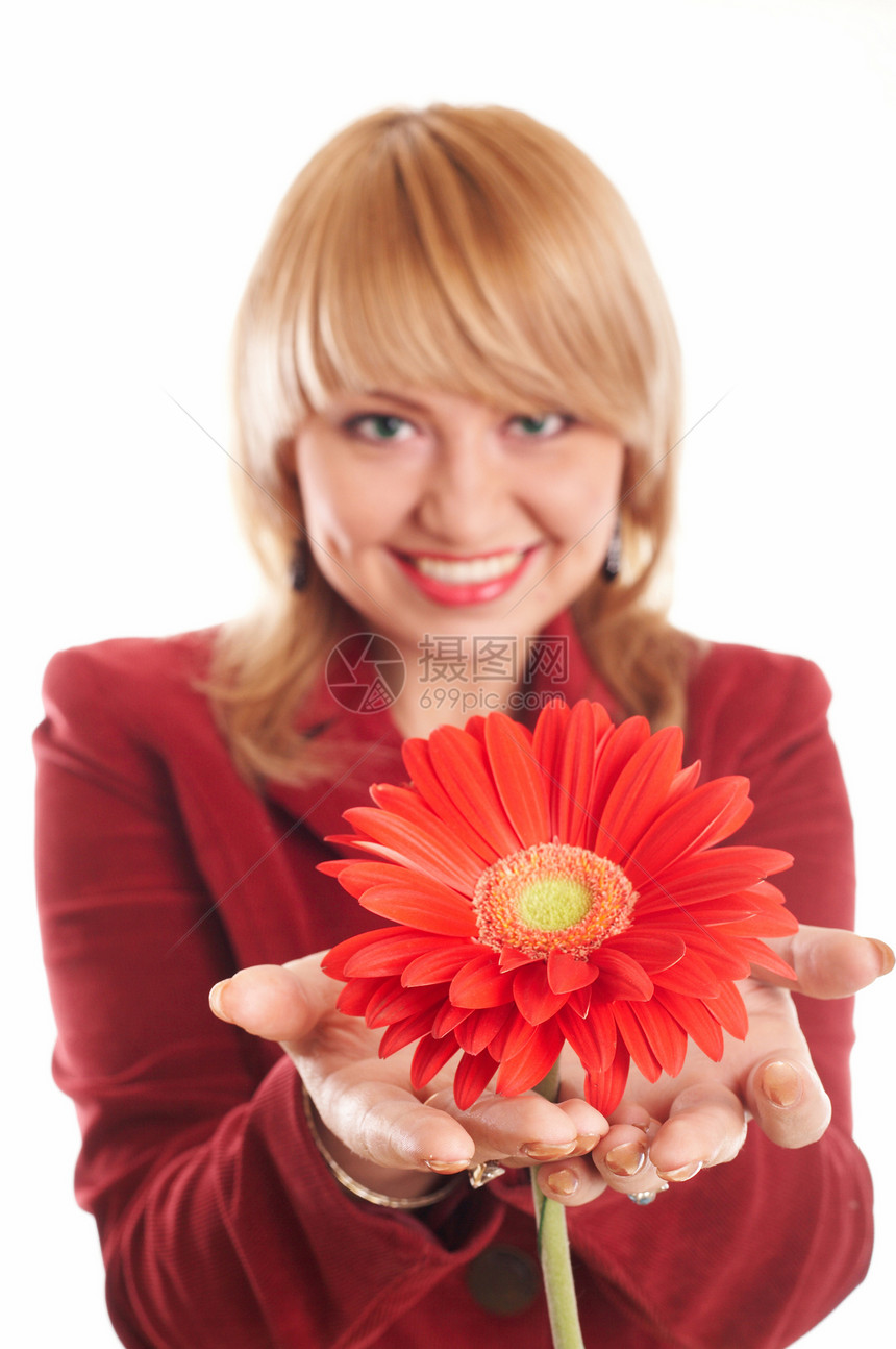 有花的女孩红色幸福眼睛成人绿色女性健康卫生微笑图片