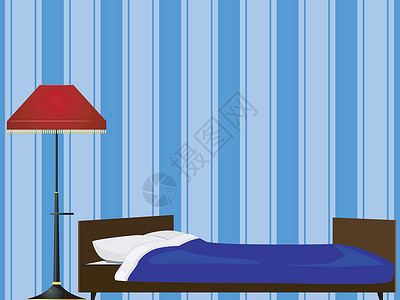 卧室床头柜床和地板灯插画