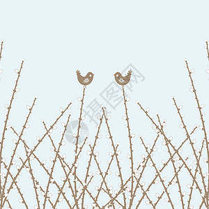 两只黄鹂鸣翠柳春柳和鸟儿插图白色季节植物叶子生长环境蓝色棕色植物群插画