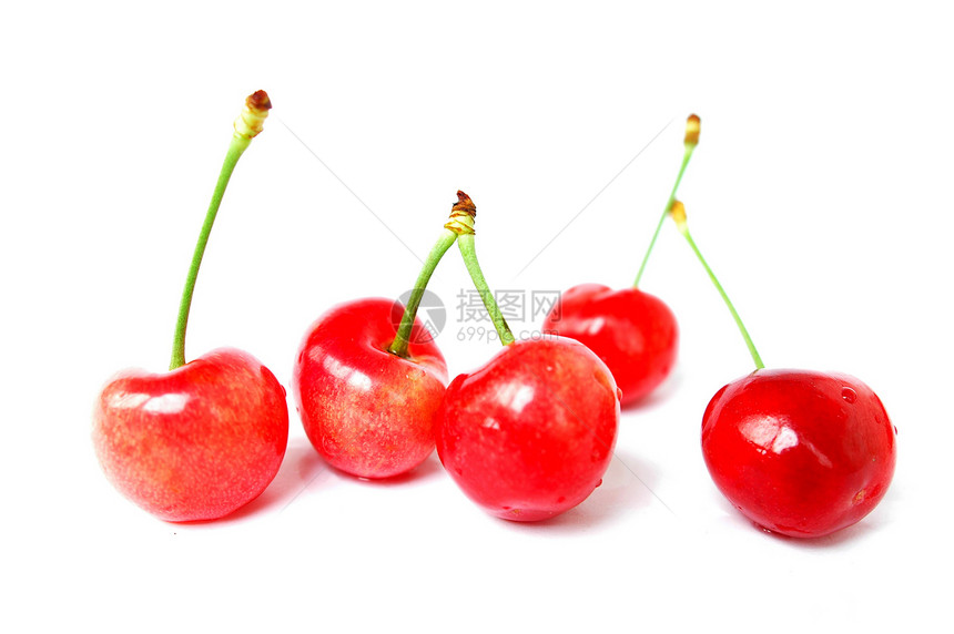 白色背景的红樱桃水果红色浆果茶点绿色叶子甜点营养食物图片