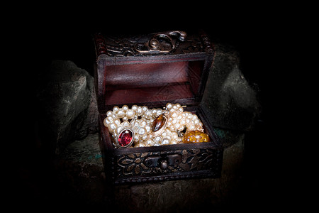 宝藏箱宝藏盒子金属红宝石钻石洞穴木头青铜古董珠宝背景图片