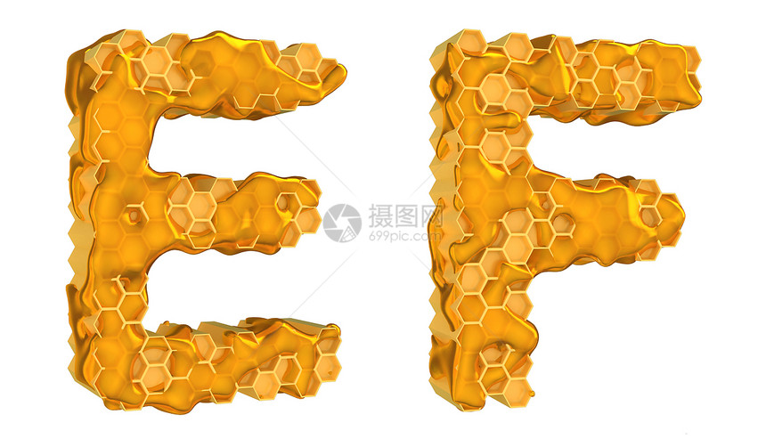 蜂蜜字体 E和F 字母孤立蜜蜂蜂蜡人权蜂窝字符液体六边形甜点梳子金子图片