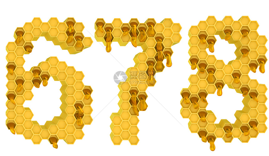 蜂蜜字体 6 7 和 8 数字分离蜜蜂黄色白色荒野液体梳子六边形蜂蜡密码橙子图片