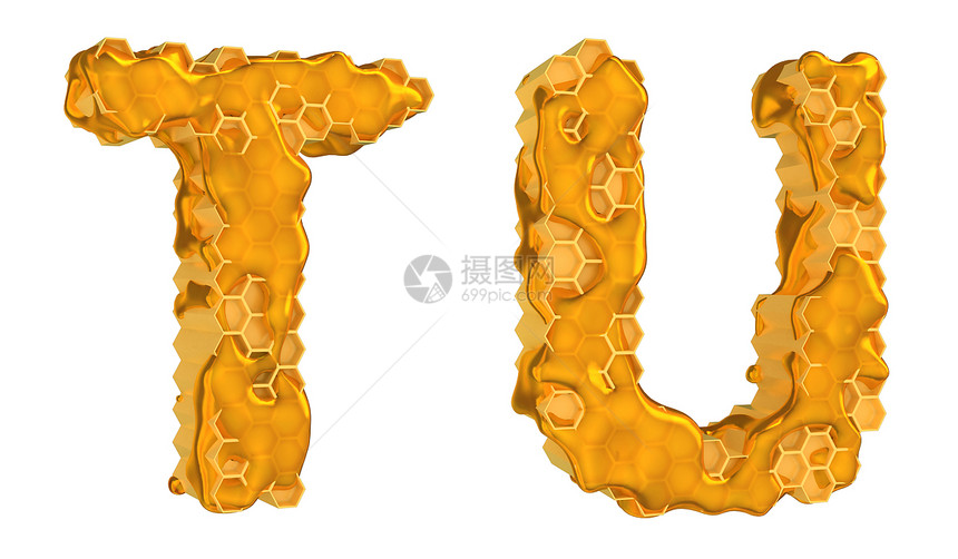 蜂蜜字体 T 和 U 字母孤立甜点高专梳子蜂窝字符金子食物人权荒野细胞图片