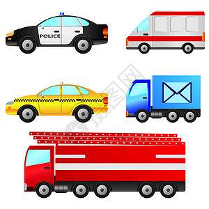 邮政车辆一套汽车卡车情况安全黄色货车救护车邮政交通消防车民众插画