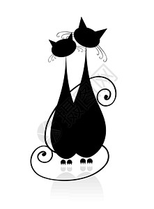 全期猫粮坐在一起的全猫 黑色的轮光片 为设计你的设计猫科哺乳动物胡须墨水尾巴时尚夫妻草图艺术动物设计图片