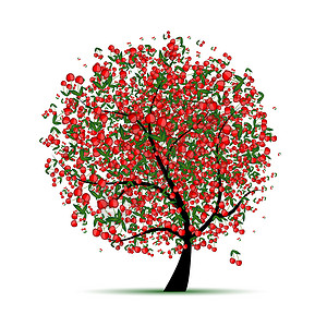矮酸樱桃树用于设计设计的能源樱桃树浆果叶子木头漩涡圆圈西瓜艺术橙子收获植物插画