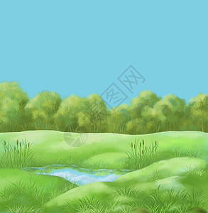 手绘树草图片 夏季风景写意蓝色衬套帆布天空桦木叶子艺术沼泽环境背景