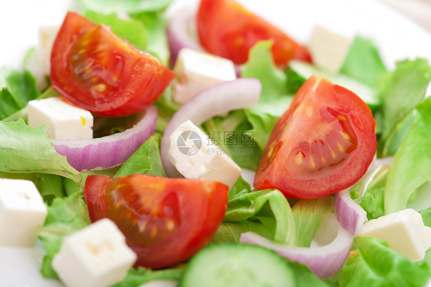 特写新鲜沙拉蔬菜餐厅宏观服务午餐叶子饮食盘子维生素营养图片