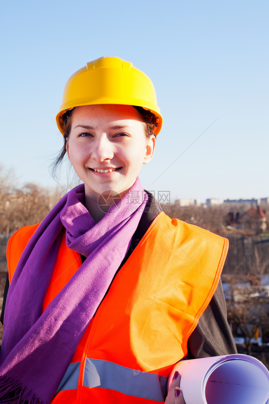 住在户外的年轻女建筑师人士领班工人职业女性橙子女士建设者设计师商务图片