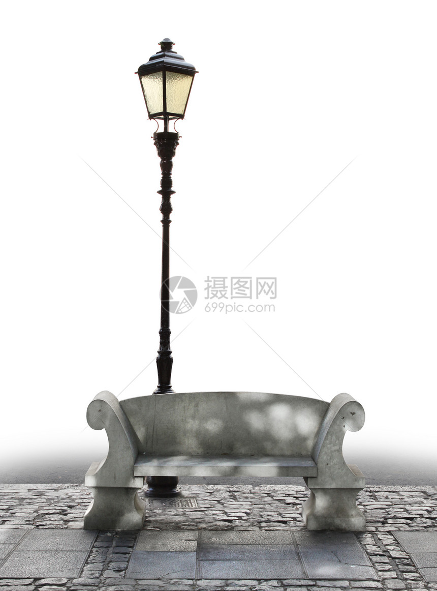 Marble长凳和街灯灯柱灯笼大理石座位白色椅子铺路长椅路灯街道图片