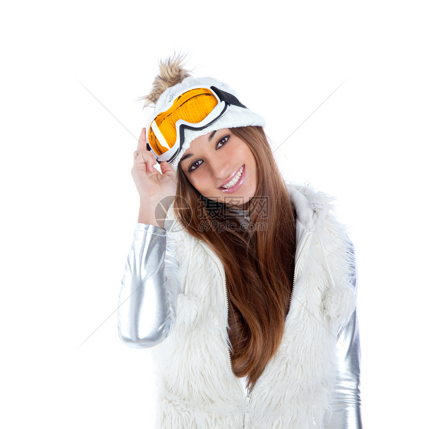 带雪皮帽的亚洲印度黑褐色冬季女孩黑发衣服女性微笑拉丁头发幸福快乐手势滑雪图片