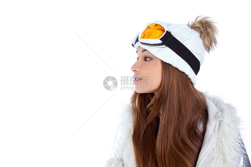 带雪皮帽的亚洲印度黑褐色冬季女孩头发成人运动装工作室快乐眼镜毛皮微笑手势滑雪图片