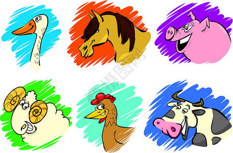 鹅马羊子一套漫画农场动物小屋公鸡卡通片牧场哺乳动物鼻子草地绘画夹子母鸡插画