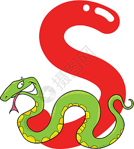 蛇信子S 蛇为S公司字母插图底漆拼写动物漫画幼儿园学校语言插画