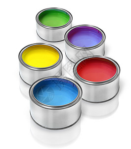 Cmyk 油漆罐罐白色金属红色绿色蓝色黄色紫丁香背景图片