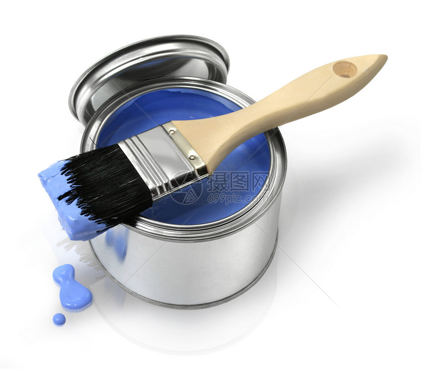 油漆刷和罐白色维修金属装修画笔蓝色滴水图片