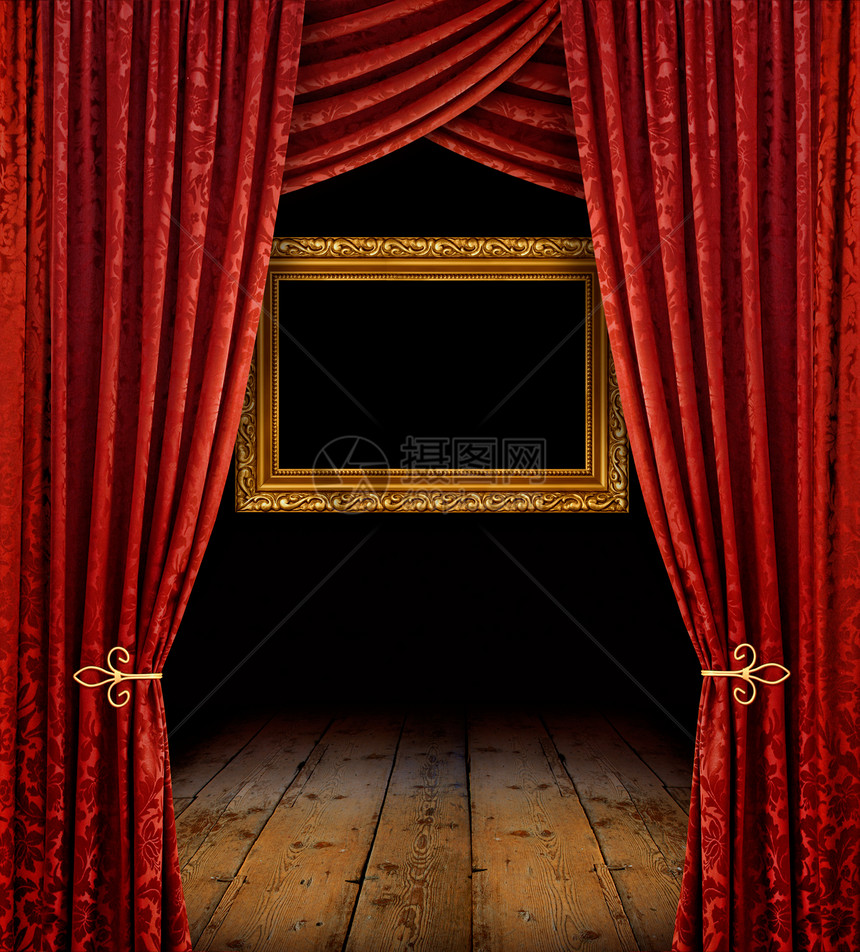 红窗帘和金框图片