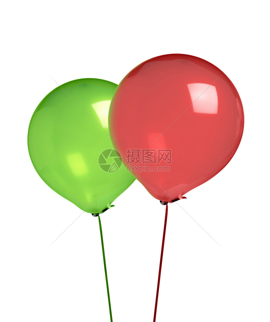 白色隔离的红气球和绿气球图片
