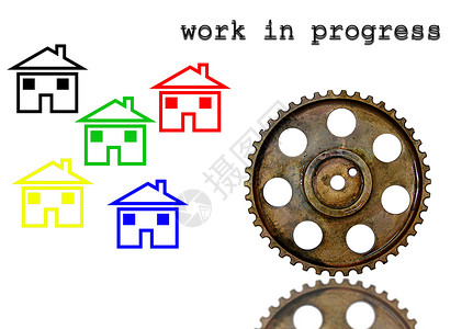 工作进展中的工作建设插图村庄建筑齿轮建筑工人车轮指示牌背景图片