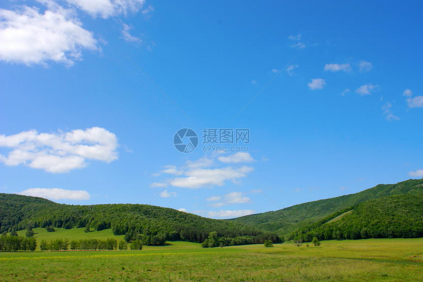 山丘的夏月风景蓝色全景爬坡阳光环境叶子荒野场地森林太阳图片
