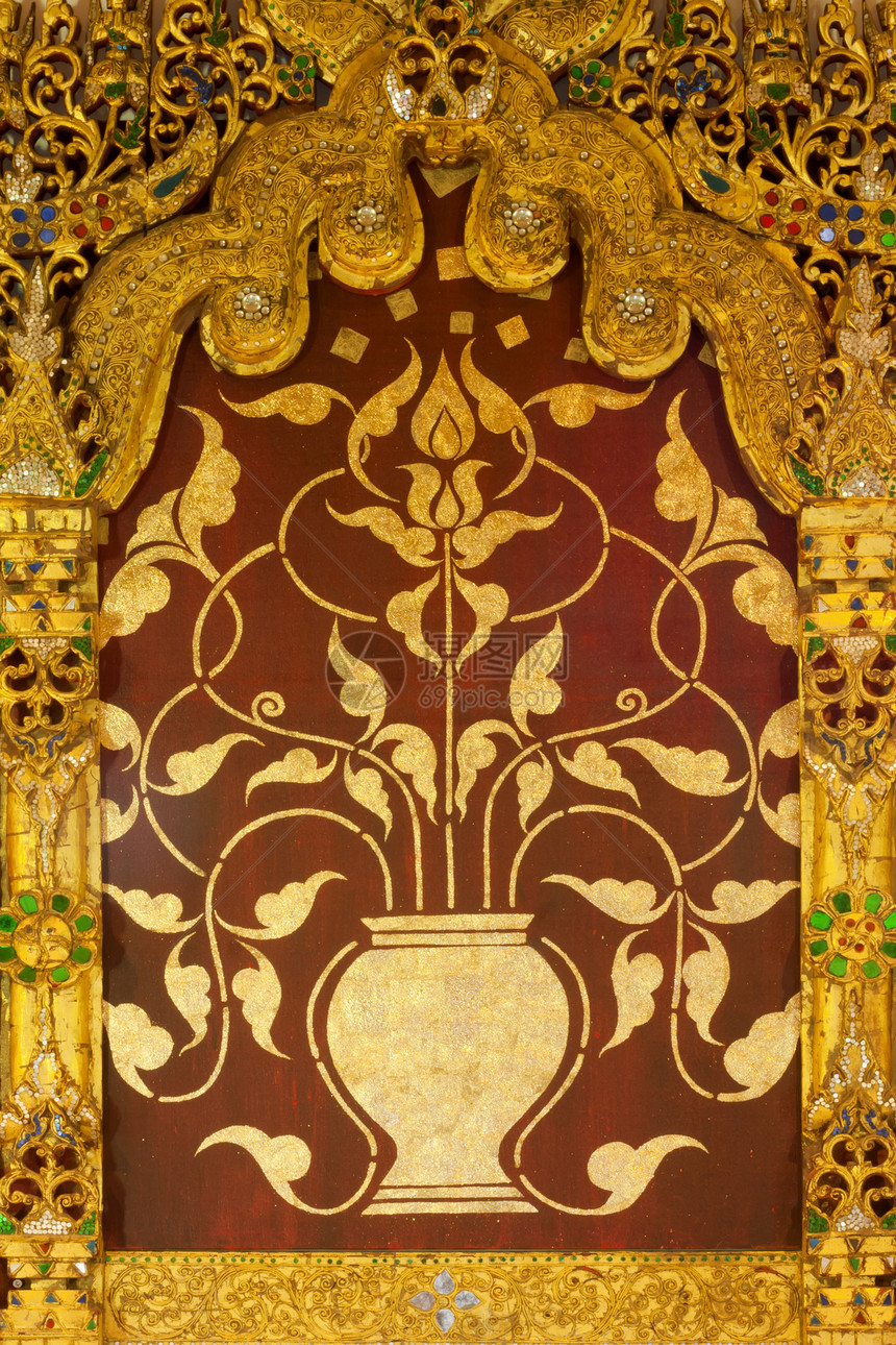 泰国传统绘画艺术装饰叶子风格金子文化古董漩涡装饰品墙纸图片