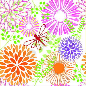 春时多彩花朵无缝模式叶子粉色季节性墙纸插图蝴蝶蜻蜓季节黄色绿色背景图片