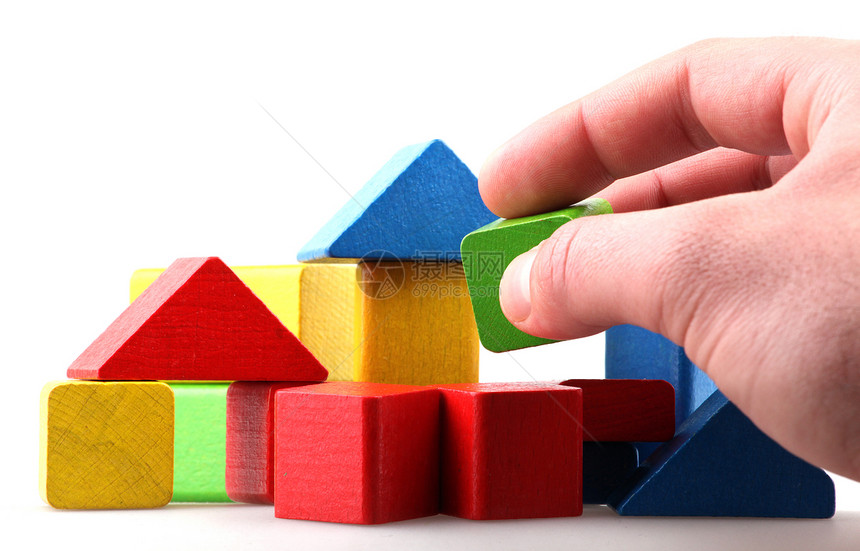 木制构件蓝色建筑学习孩子们婴儿玩具操场立方体建筑物红色图片